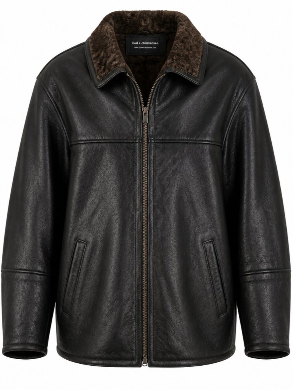 Bod & Christensen Leather Jacket Mens 44 Large Black Sheepskin Fleece Lined Zip